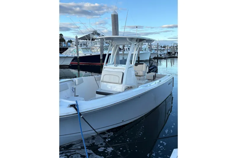 Slide: The Image of 2023 Sailfish 241 CC boat docked in marina under blue sky. - 8
