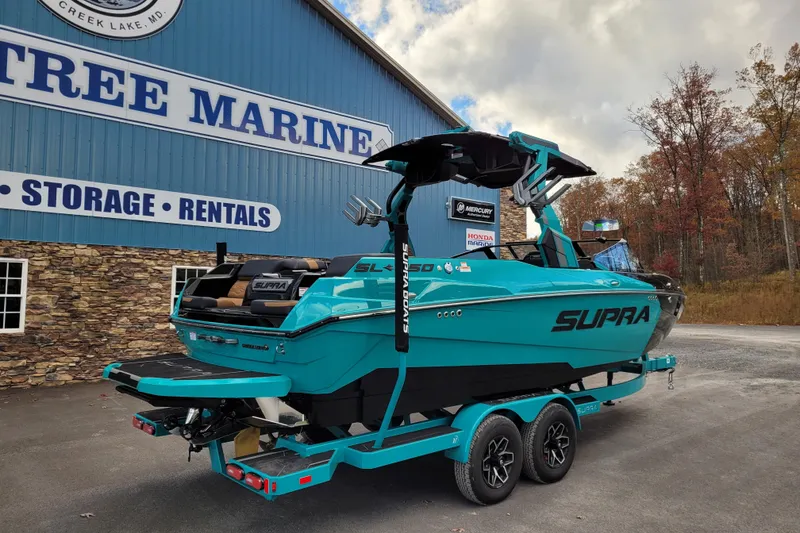 Slide: The Image of 2026 Supra SL boat in teal, parked at a marine storage facility. - 2