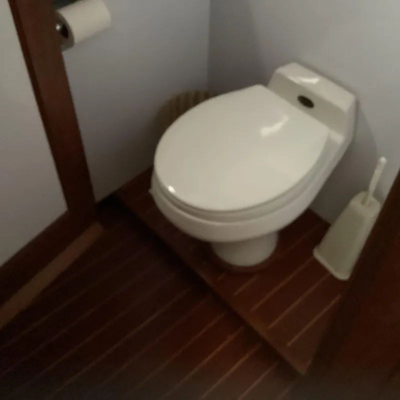 Slide: The Image of Toilet in a 1991 MDI Sedan Flybridge with wooden flooring and toilet brush. - 17