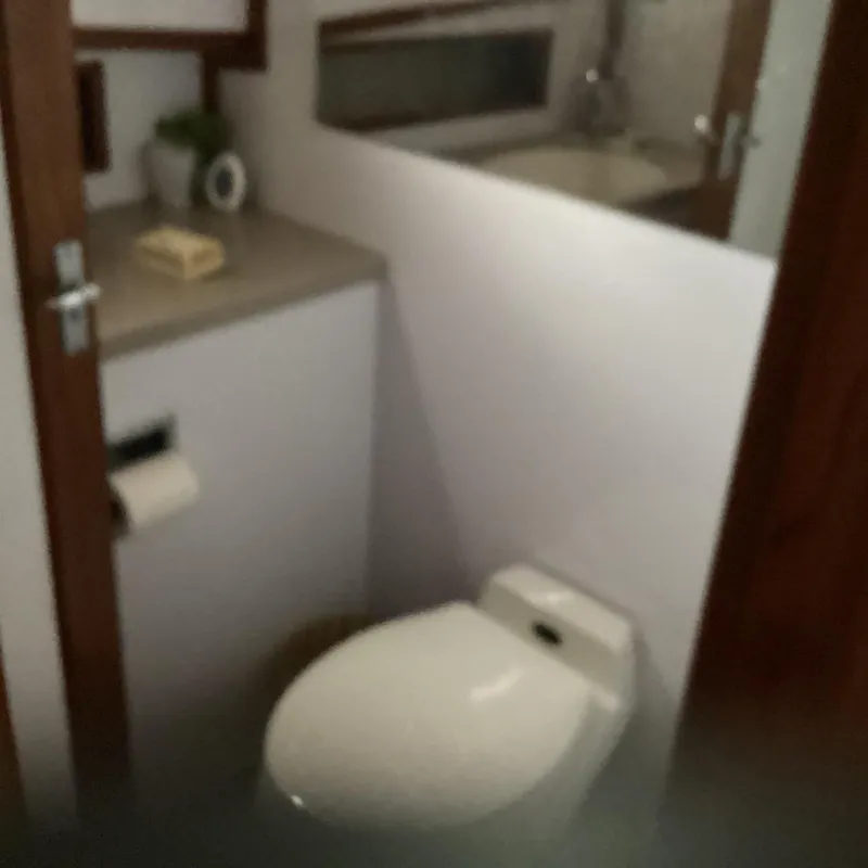 Slide: The Image of Compact bathroom in 1991 MDI Sedan Flybridge with toilet, sink, and mirror. - 18