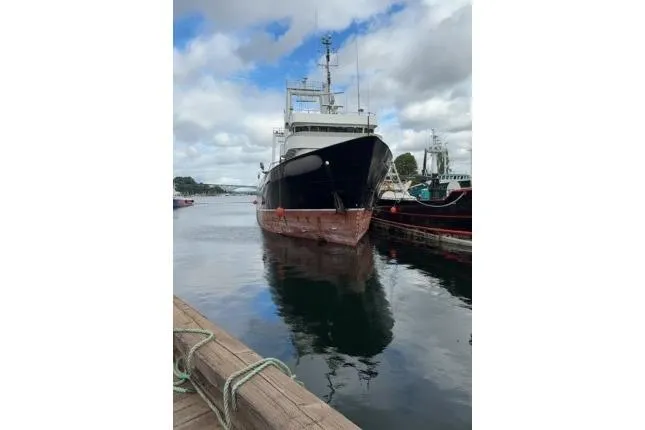 Slide: The Image of 1976 Halter Custom Built Mid-Water Trawler docked at a marina under cloudy skies. - 3