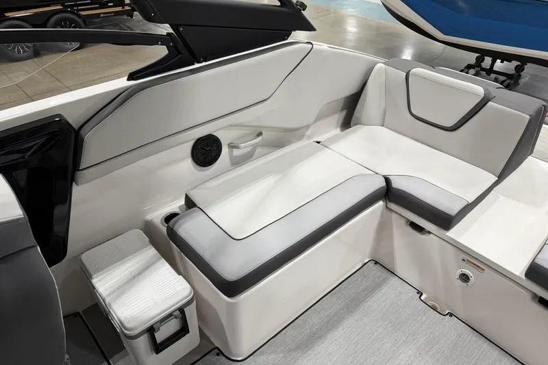 Slide: The Image of 2025 Yamaha Boats AR250 interior seating with modern design and comfortable upholstery. - 6