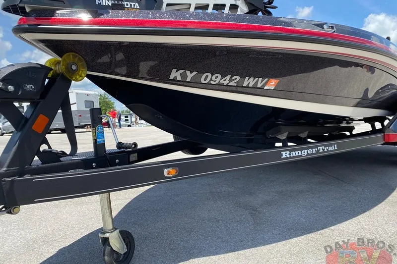 Slide: The Image of 2020 Ranger Z520L boat on trailer, featuring Minn Kota motor and visible registration. - 17