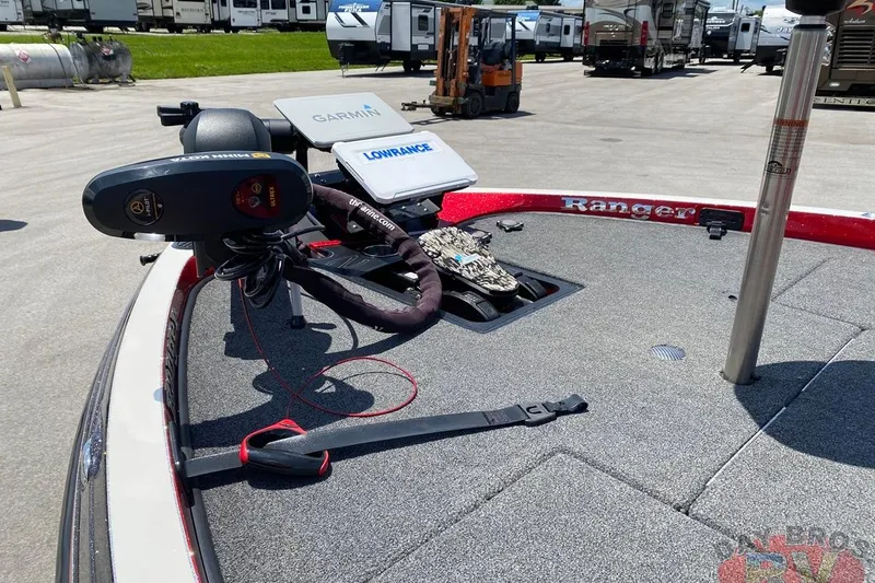 Slide: The Image of 2020 Ranger Z520L boat deck with Garmin and Lowrance equipment, parked near RVs. - 21