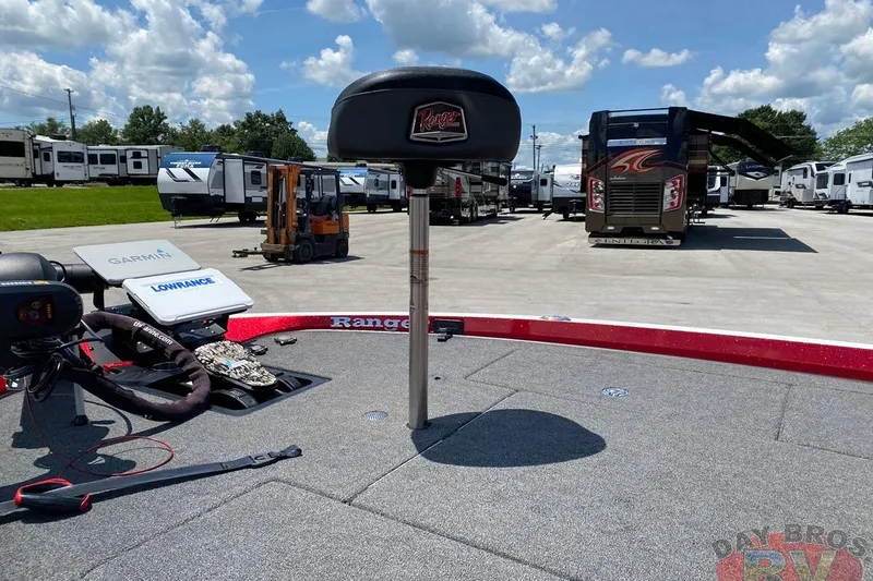 Slide: The Image of 2020 Ranger Z520L boat deck with Garmin and Lowrance equipment, surrounded by RVs. - 22