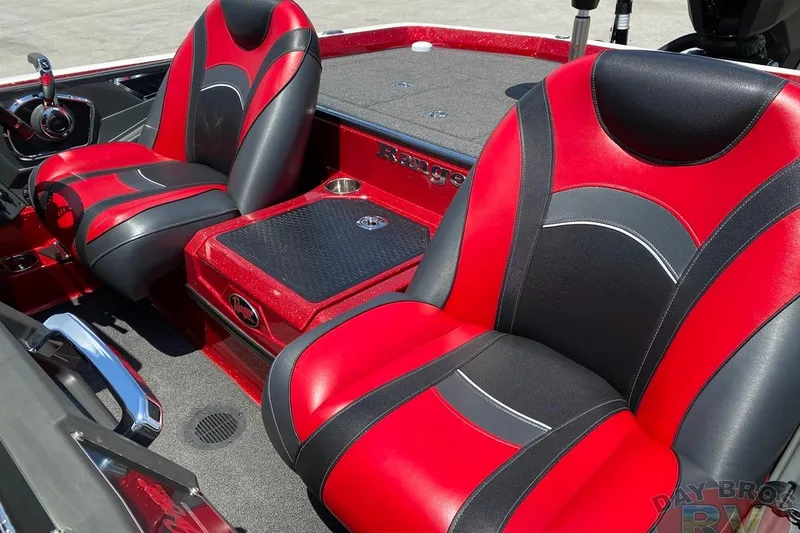 Slide: The Image of 2020 Ranger Z520L boat interior with red and black seats, sleek design. - 28