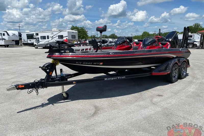 Slide: The Image of 2020 Ranger Z520L boat on trailer in parking lot with RVs in background. - 3