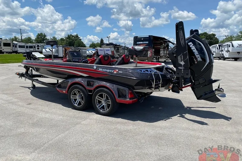 Slide: The Image of 2020 Ranger Z520L boat with Evinrude engine, parked outdoors under a blue sky. - 33