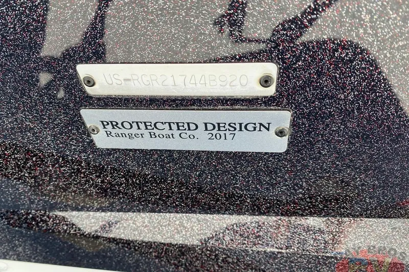 Slide: The Image of 2020 Ranger Z520L boat with protected design plaque, serial number visible. - 45