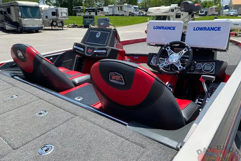 Slide: The Image of 2020 Ranger Z520L boat interior with dual Lowrance displays and red-black seating. - 51