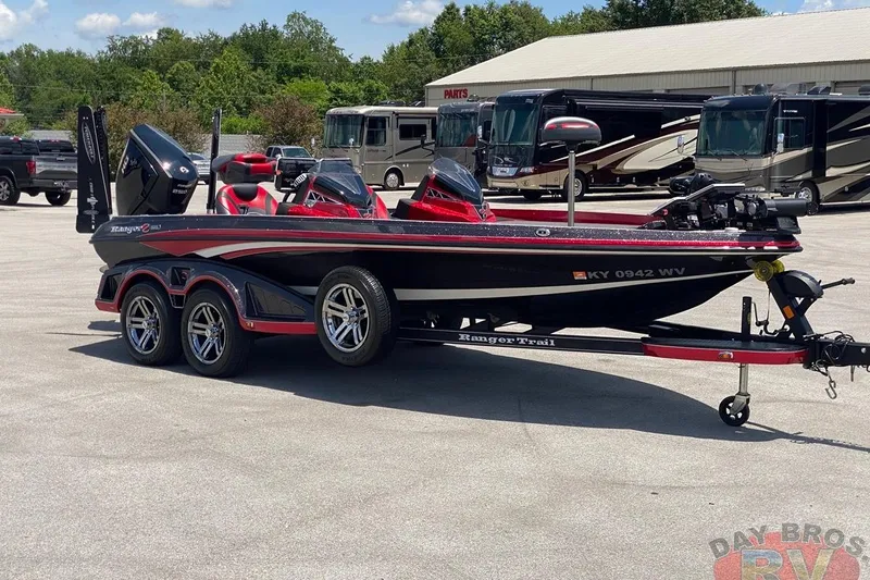 Slide: The Image of 2020 Ranger Z520L boat on trailer, parked outdoors with RVs in the background. - 57