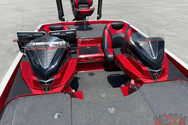 Slide: The Image of 2020 Ranger Z520L boat interior with red and black seats, dual consoles, and advanced electronics. - 82