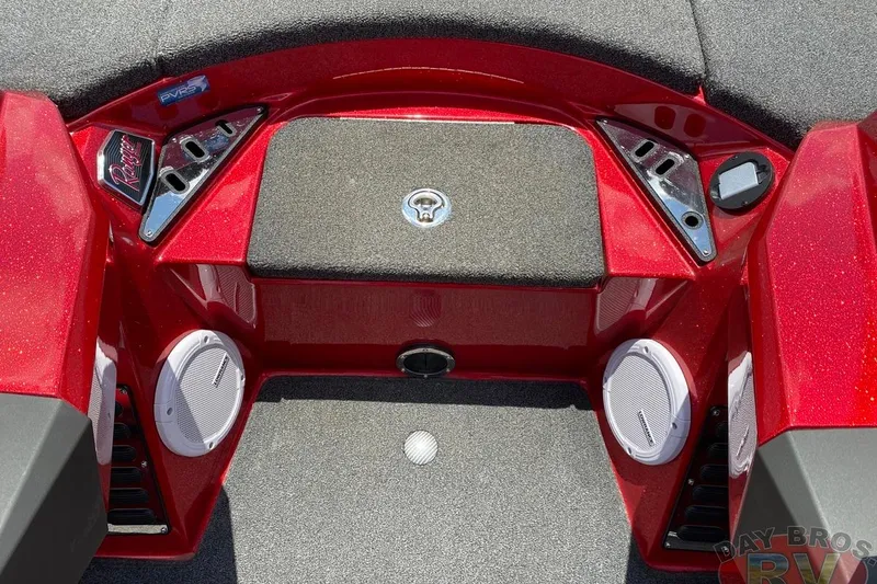 Slide: The Image of 2020 Ranger Z520L boat interior with red accents and speaker system. - 83