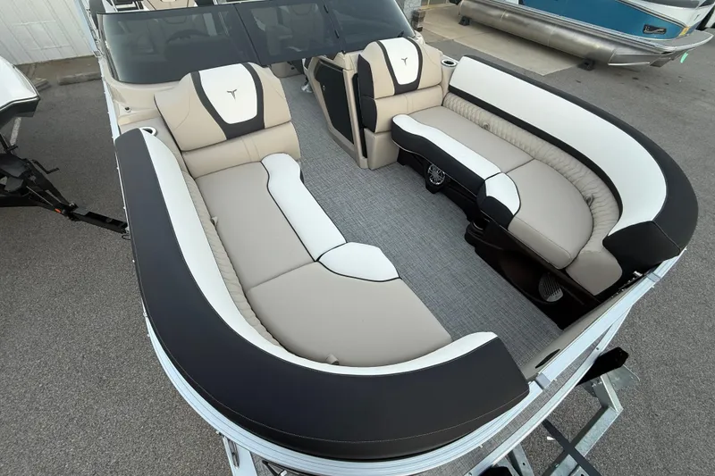 Slide: The Image of 2026 Tahoe Pontoon Cascade Quad Lounger with luxurious seating and sleek design. - 3