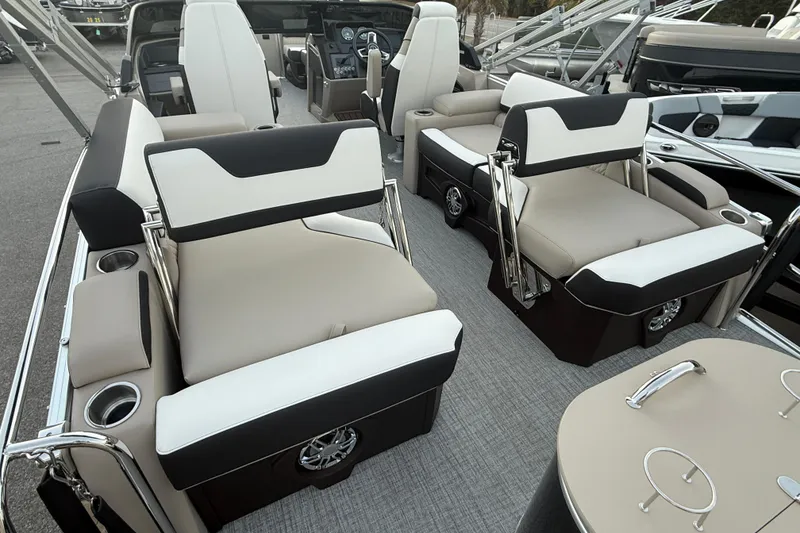 Slide: The Image of 2026 Tahoe Pontoon Cascade Quad Lounger with luxurious seating and modern design. - 5