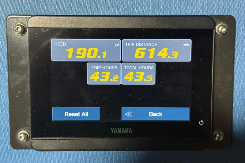Slide: The Image of Yamaha display showing fuel usage and trip data for Sealegs 7.5M RIB, 2021 model. - 16