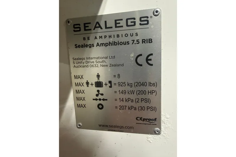 Slide: The Image of Plaque of 2021 Sealegs 7.5M RIB showing specifications and maximum capacities. - 45