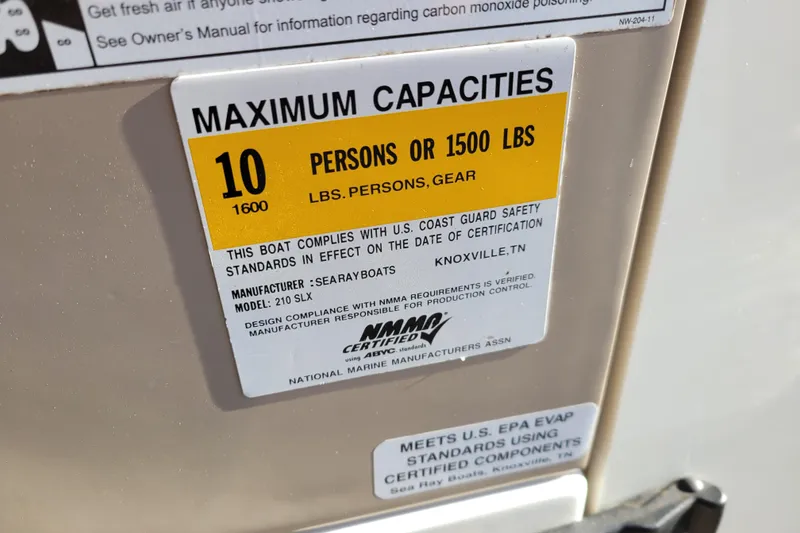 Slide: The Image of Capacity label on 2013 Sea Ray 210 SLX boat, max 10 persons or 1500 lbs. - 16