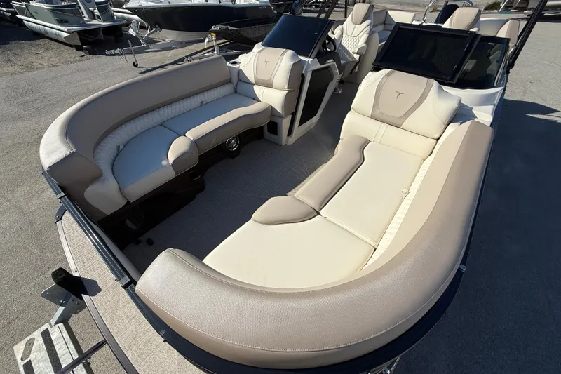 Slide: The Image of 2026 Tahoe Pontoon Cascade Quad Lounger Windshield with luxurious seating and modern design. - 12