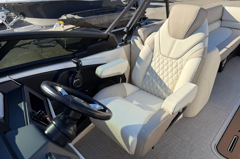 Slide: The Image of Luxurious interior of 2026 Tahoe Pontoon Cascade Quad Lounger Windshield with plush seating. - 5