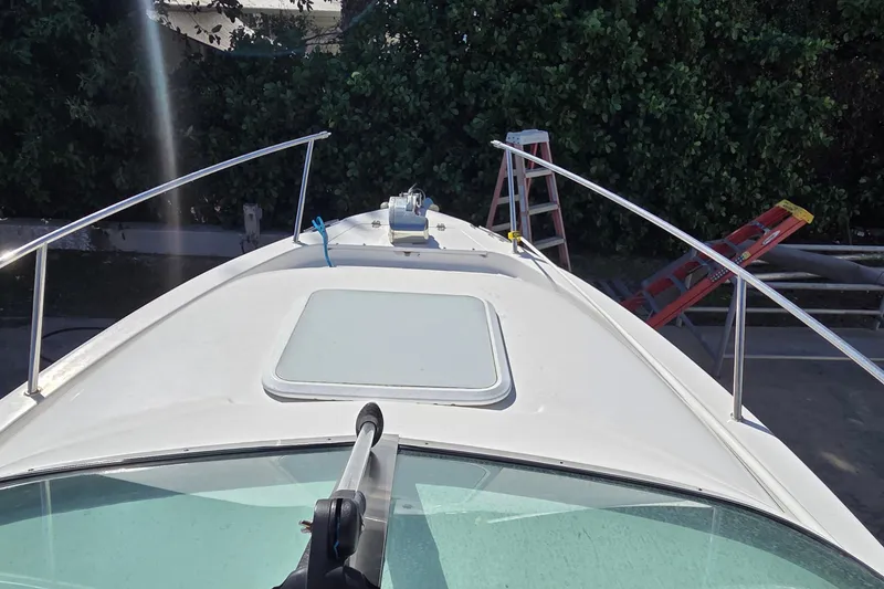 Slide: The Image of 2001 Pro-Line 22 Walk boat deck with railing and hatch, surrounded by trees and ladders. - 11