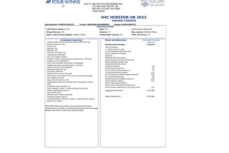 Slide: The Image of Four Winns H4 OB 2022 boat specifications and pricing details. - 21