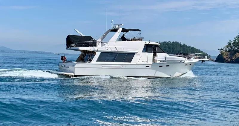 The Image of 1994 Bayliner 4788 Pilot House Motoryacht cruising on a clear blue sea. - 0