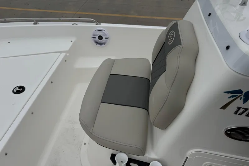Slide: The Image of 2026 Key West 1720 Center Console boat seat with gray and beige upholstery. - 8