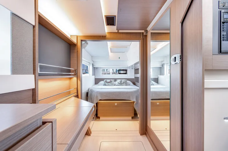 Slide: The Image of Luxurious interior of 2023 Leopard 42 yacht featuring a modern bedroom design. - 20