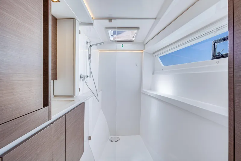 Slide: The Image of Modern bathroom interior on 2023 Leopard 42 yacht with sleek design and natural light. - 22