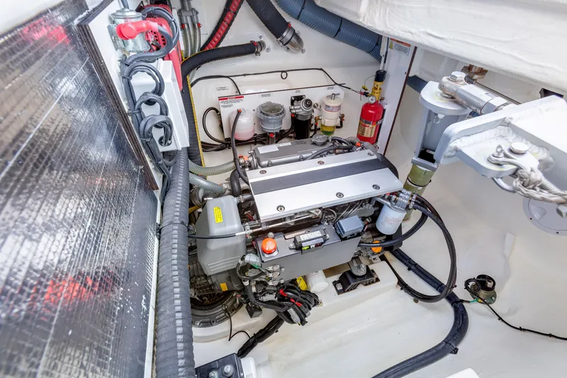 Slide: The Image of Engine room of 2023 Leopard 42 yacht, showcasing modern equipment and wiring. - 28