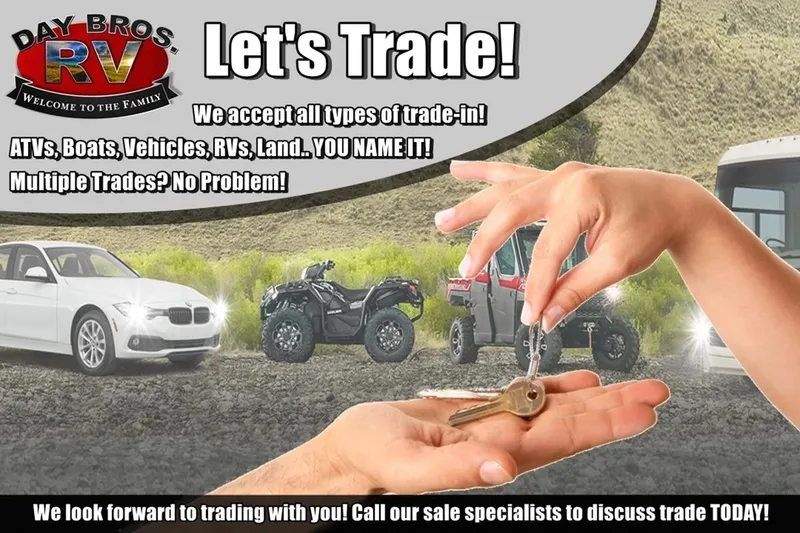Slide: The Image of Day Bros RV trade-in promotion featuring cars, ATVs, and RVs with key exchange. - 10
