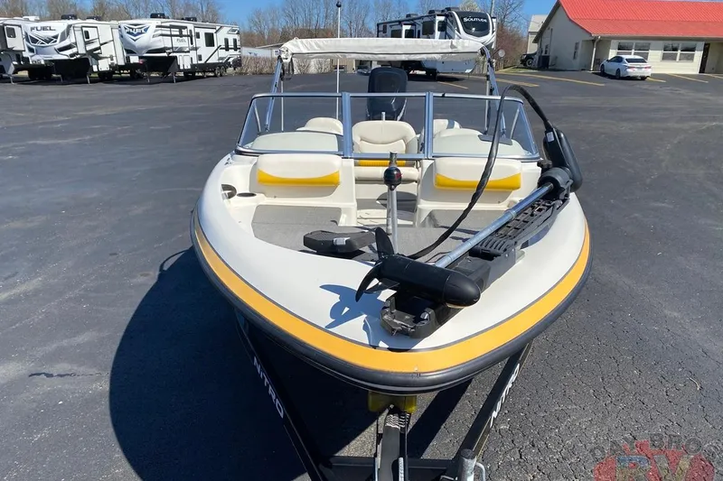 Slide: The Image of 2008 Nitro 189 Sport boat on pavement, with RVs in the background. - 25