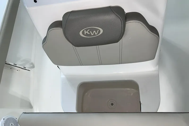 Slide: The Image of 2026 Key West 188 Bay Reef boat seat with KW logo, gray upholstery. - 22