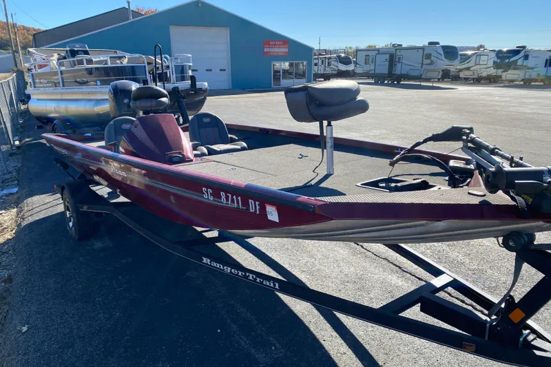 Slide: The Image of 2017 Ranger RT188 boat on trailer in outdoor lot, surrounded by RVs and boats. - 24