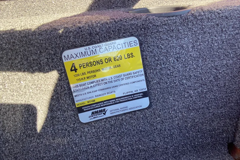 Slide: The Image of 2017 Ranger RT188 capacity label, 4 persons or 620 lbs, 115 H.P. motor. - 28