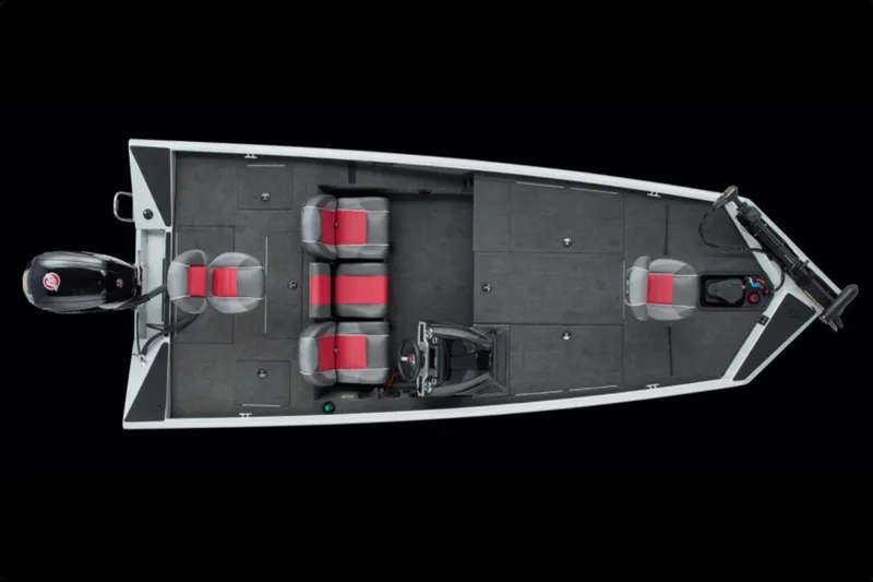 Slide: The Image of 2017 Ranger RT188 boat interior, top view with red and gray seating, and motor. - 44