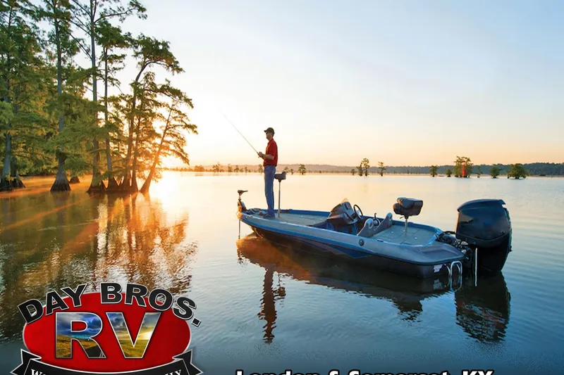 Slide: The Image of Man fishing on 2018 Bentley Pontoons 200 Fish boat at sunrise, serene lake setting. - 25