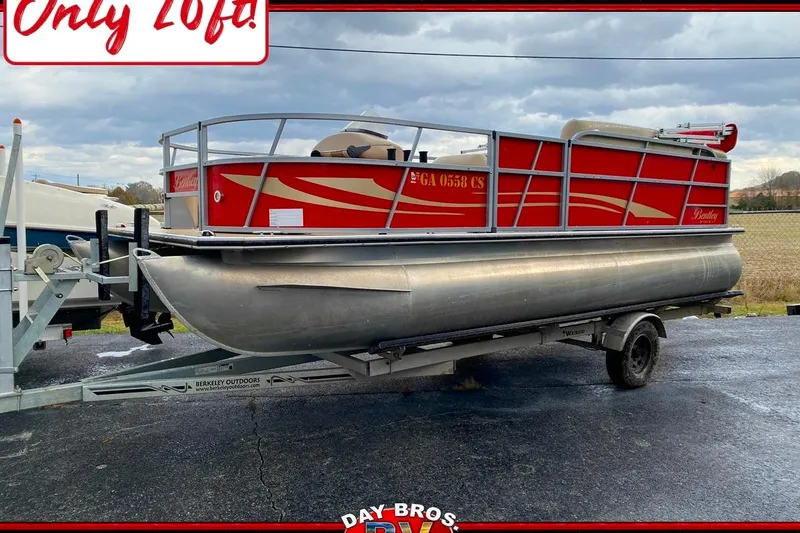 The Image of 2018 Bentley Pontoons 200 Fish, red and silver, on a trailer, overcast sky. - 4