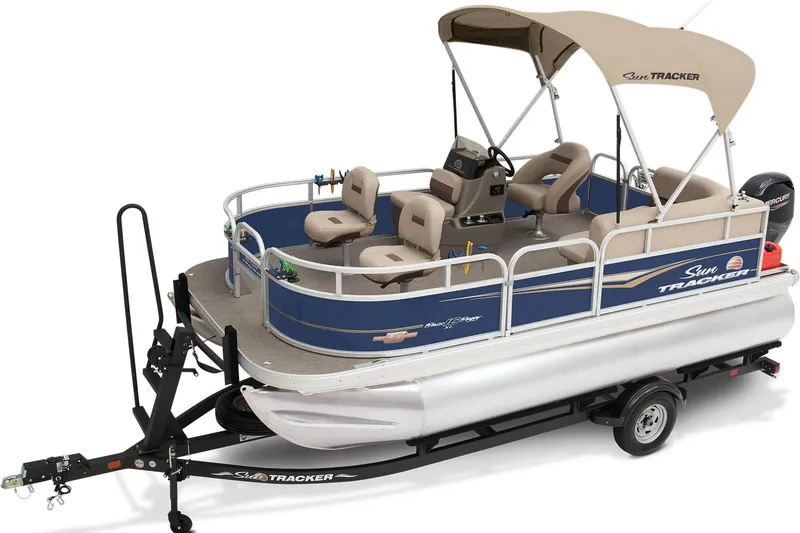 Slide: The Image of 2023 Sun Tracker Bass Buggy 16 XL Select pontoon boat, top view, beige seating. - 2