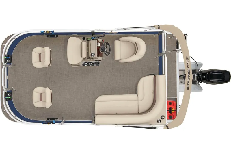 Slide: The Image of 2023 Sun Tracker Bass Buggy 16 XL Select pontoon boat on trailer, outdoor setting. - 6