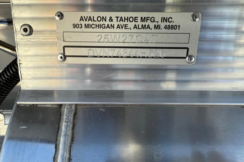 Slide: The Image of Metal identification plate on Avalon 2585 Catalina Windsheild, 2026 model, with manufacturing details. - 25