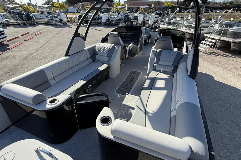 Slide: The Image of Luxurious 2026 Avalon 2585 Catalina pontoon boat with spacious seating and modern design. - 9