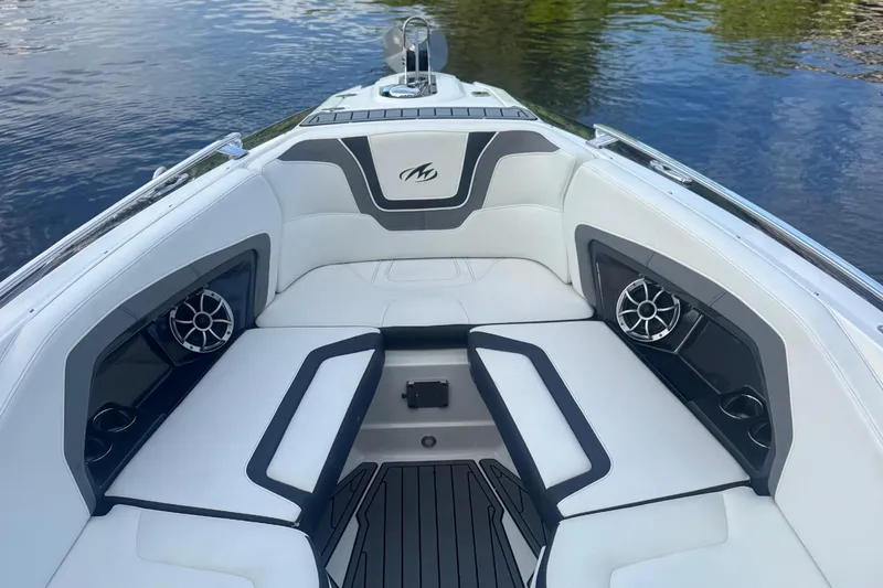 Slide: The Image of 2017 Monterey 298SS Super Sport boat interior with white seating and sleek design. - 3