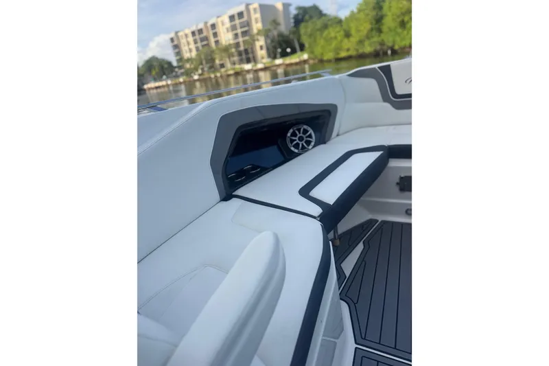 Slide: The Image of 2017 Monterey 298SS Super Sport boat interior with sleek seating and speaker detail. - 6