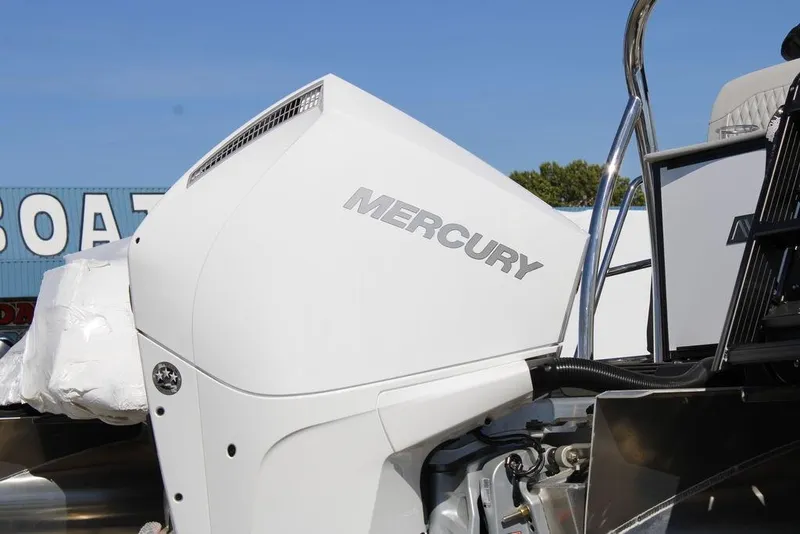 Slide: The Image of 2026 Avalon CATALINA 23 with Mercury outboard motor, showcasing sleek design and modern features. - 29