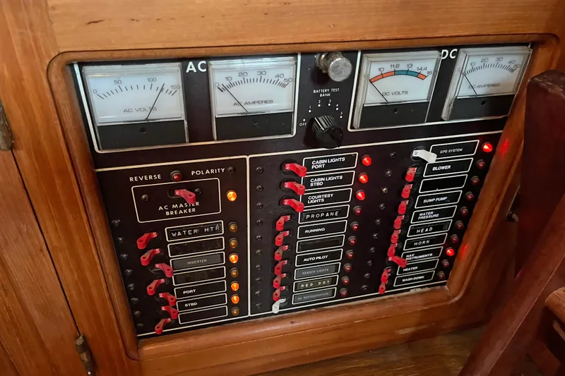 Slide: The Image of Electrical control panel of 1987 Liberty Gatsby with AC/DC meters and switches. - 24