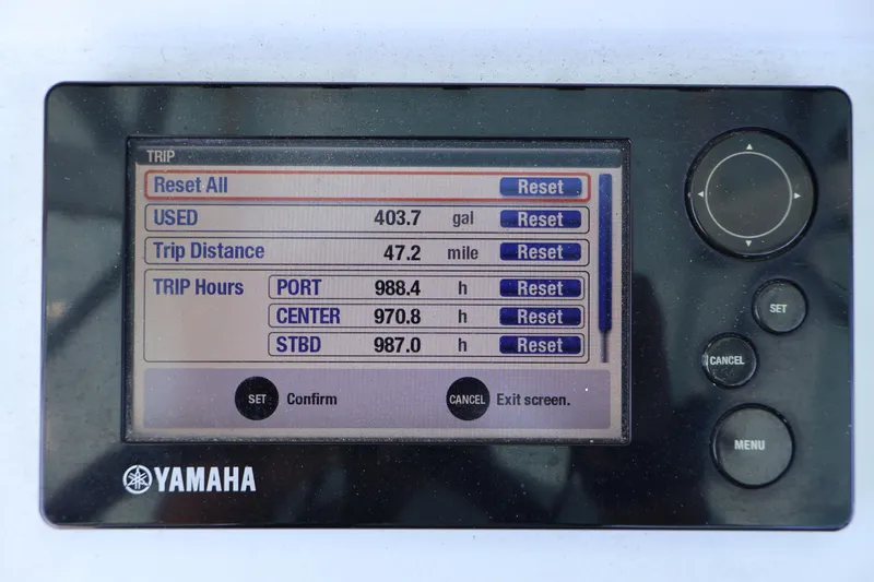 Slide: The Image of Yamaha trip display showing fuel usage and trip hours for 2017 Contender 35 ST. - 18