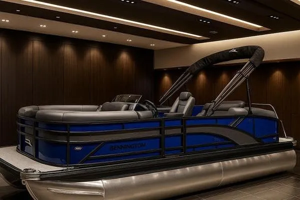 The Image of 2026 Bennington S Swingback 22 SSB pontoon boat in a modern showroom setting. - 1