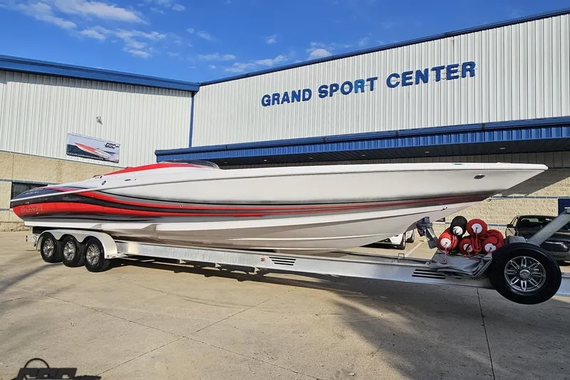 Slide: The Image of 2008 Donzi 38 ZR speedboat on trailer at Grand Sport Center. - 13
